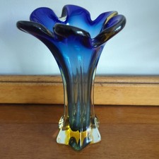 Vintage MCM Blue Amber Glass Vase Approx 21cm Tall
