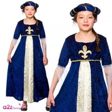 Kids Blue Tudor Princess Juliet Costume Medieval Book Day Fancy Dress L 8-10 Yrs