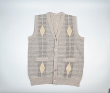Vintage Knitted Cardigan Vest Size Large Men Wool Blend White Cottage Grandad