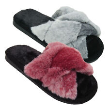 LADIES CROSS OVER SLIPPERS WOMENS FLUFFY OPEN TOE FAUX FUR MULES SHOE SIZES