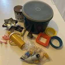 Retro cake decorating set Tupperware icing gun cutters tins candles vintage kit