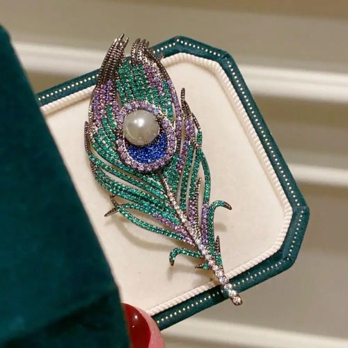 Silver peacock feather brooch - peacock,