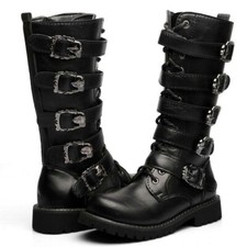 Mens Steampunk Leather Combat Boots Knee High Army Military Shoes Buckle Gothic