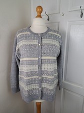 COUNTRY ROSE Grey Round Neck Fairisle Cardigan Size XL Acrylic Wool Blend