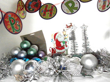 80's lots of Xmas Christmas Tree & Hanging Decorations Baubles Silver & Blues