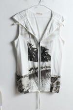 Womens Vintage Beach Scene Zip Front Collar Top - White - Small (j55)