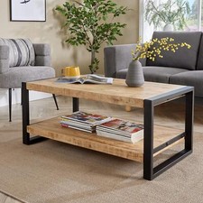 Industrial Coffee Table Mango Wooden Top Sturdy Iron Frame Home Living Furniture