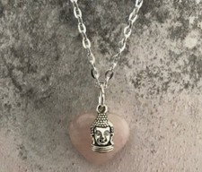 3D BUDDHA With ROSE QUARTZ Gemstone Love HEART Romance Pendant Necklace 