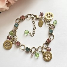1980s Harrods Gold Plated Colourful Crystal Bead Chain Charm Bracelet