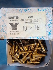 Vintage Nettlefolds Brass  Screws, Size 10 X 1 1/4 Inch . Slotted Countersunk