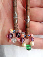 PAIR ANTIQUE TREEN LACE BOBBINS WITH GLASS BEADS