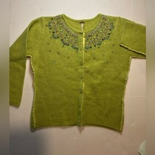 Free People Apple Green Soft Wool Angora Cardigan with Rhinestones. SZ Med.