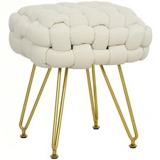 HOMCOM Woven Velvet Foot Stool with Steel Legs for Living Room, Cream White