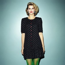 1980s Vintage  Polka Dot Dress 80s Black White Red Button Front Frill Hem UK 10