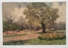 19th century watercolour landscape scene with figures walking on a path