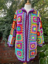 Handmade crochet Granny Squares Multicoloured long cardigan Jacket. Charity Sale
