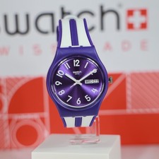 New Swiss Made Swatch NUORA GELSO Purple Silicone Day-Date Watch 34mm GV701