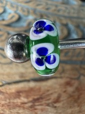 Trollbeads Rare OOAK Blue Iris On Green Glass Bead Unworn