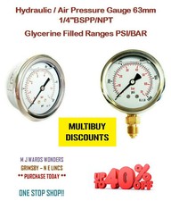 Hydraulic / Air Pressure Gauge 63mm 1/4"BSPP/NPT Glycerine Filled Ranges PSI/BAR