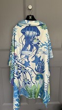 Ladies Blue Bright Abstract Marine Print Long Neck Large Silk Shawl Womans Scarf