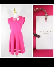 New Ted Baker London Pink Sharlot Mesh Paneled Scallop Fit Flare Dress. UK 16