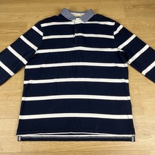 White Stuff Long Sleeve Rugby Polo Shirt Navy White Striped Denim Collar Large