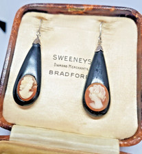 ANTIQUE  VICTORIAN  WHITBY JET / SHELL CAMEO DROP EARRINGS  C1870 GOTH