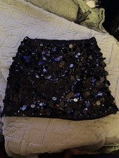 Ladies Black Sequin Mini Skirt Size 12 Elasticated Waist Two Sizes Of Sequins