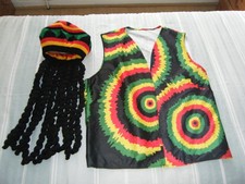 RASTA JAMAICAN BOB MARLEY HAT WIG DREADLOCKS & VEST JACKET CARIBBEAN REGGAE