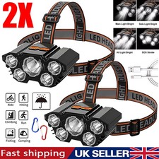 2X Super Bright Waterproof Head Torch Headlight LED USB Rechargeable Headlamp UK