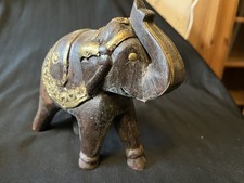 Hand Carved Wooden Elephant With Brass Detail