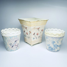 3 Pc Tin Metal Plant Pots Blue Beige Floral Planters Indoor Outdoor Vintage Set