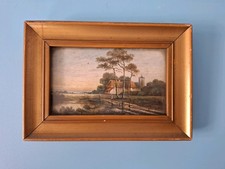 19th Century Miniature Oil Painting On Panel Landscape Framed Antique