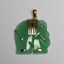 9CT YELLOW GOLD CHINESE GREEN JADE ELEPHANT PENDANT LUCKY CHARM FOR NECKLACE