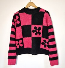Zara Jumper Size S Pink Black Chunky Flower Jacquard Checkerboard Chest 46''