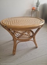 Vintage Round Bamboo and Rattan Coffee Or Side Table with A Magazine Shelf.