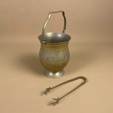 Mini Decorative Fireside Coal Bucket Engraved Gold Brass Metal & Tongs Small