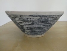 Studio Art Pottery Stoneware wide bowl blue striped outer 22cm diameter