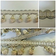Cream Beige Light Gold Beaded Pom Pom Fringe & Matching Braid Furnishing Trim