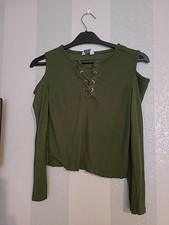 Primark Green Age 10-11 Years Top Cut Out Shoulder Ribbed Long Sleeve