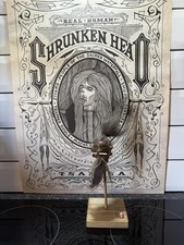 Shrunken head hand made ecuador, animal skin and hair on stand Tsantsa No2a