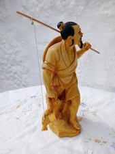 Vintage Resin Mud Men Fisherman Shiwan with Rod and Fish 20cm Mended Damage
