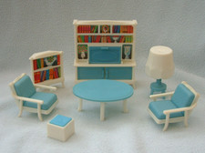 Vintage plastic doll house furniture blue LIVING ROOM ST - Jean W. Germany