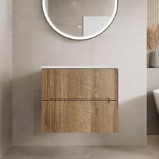 600mm Bathroom Vanity Unit White Marble Countertop Wall Hung Fluted Oak Unit