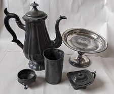 Antique Pewter Britannia Metal Coffee pot, sugar boat, tazza, salt & beaker