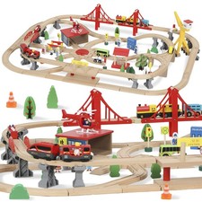 AIYAPLAY 133 Piece Wooden Train Set, Toy Train Set with Crane for 3+ Years