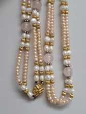 Goldtone Cultured Real Pearl /rose Quartz 2 strands Necklace Vintage Elegant Vgc