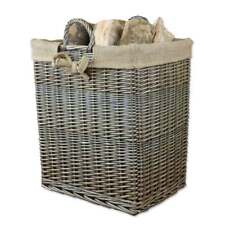 Antique Wash Rectangular Tall Lined Wicker Log Basket Woven Wood Fire Storage