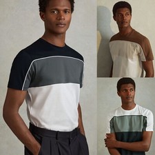 REISS Mens Mercerised Cotton Woods T-Shirt Colourblock Designer Crew Neck Tee