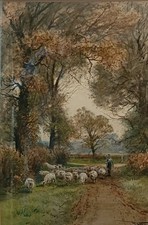 HENRY CHARLES FOX RBA (1860-1929) Signed Large Watercolour Shepherd  with Sheep